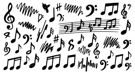 Hand drawn musical notes and symbols doodle set. © Faiz