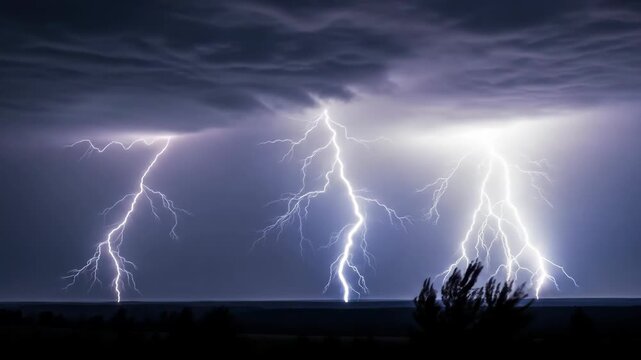 Dramatic Lightning Storm Illuminates Dark Night Sky with Multiple Strikes.