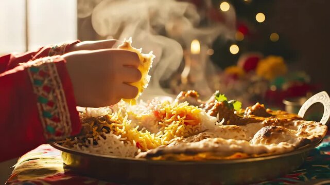 Steaming biryani served by hands, embroidered sleeve and warm candlelight create intimate festive atmosphere with saffron strands, fragrant rice, colorful garnish, patterned tablecloth