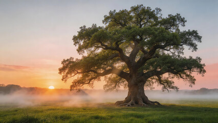 Fototapeta premium Majestic ancient oak tree standing alone in a misty field at sunrise, dramatic atmospheric landscape