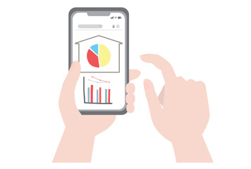 光熱費の使用状況のグラフをスマホで確認する手のイラスト