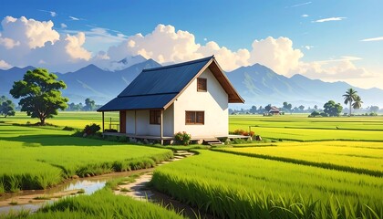 Obraz premium A serene white house with a blue roof in a lush green field