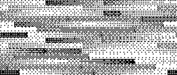 Obraz premium Pixelated bitmap pattern background. Black rectangle dither texture. Retro pixel art backdrop. Abstract 8 bit screen pattern. Arcade video game wallpaper. Vector dissolve raster effect overlay
