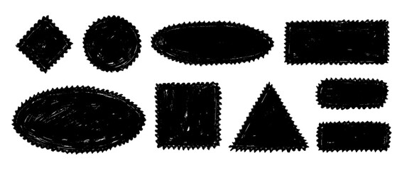 Fototapeta premium Hand drawn crayon stamps and boxes collection. Doodled rough edge borders and frames set. Black sketched playful geometric shape pack for sticker, logo, collage, postcard, patch, label. Vector