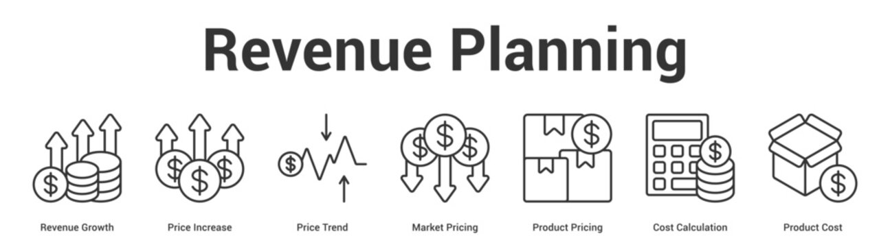 Revenue Planning web banner icon set vector illustration concept for business with icon of Revenue Growth, Price Increase, Price Trend, Market Pricing, Product Pricing, Cost Calculati.
