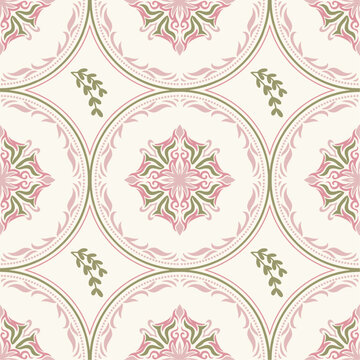 Vintage Ornamental Floral Tile Seamless Pattern &ndash; Pastel Pink and Sage Green Repeat
