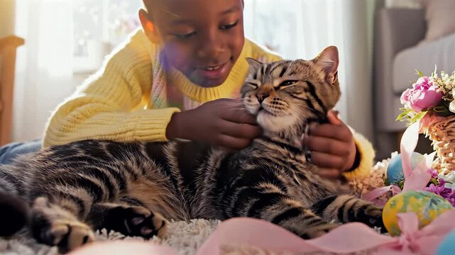 Happy easter. Black boy cuddling tabby cat on cozy rug surrounded by colorful easter eggs and basket, soft sunlight through window, boy smiling as he gently pets cat next to wicker flowers