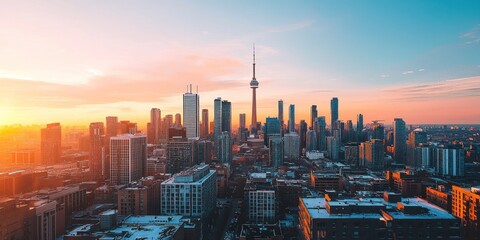 Naklejka premium Toronto skyline at sunset, with the CN Tower in the background, featuring modern skyscrapers and a vibrant cityscape.