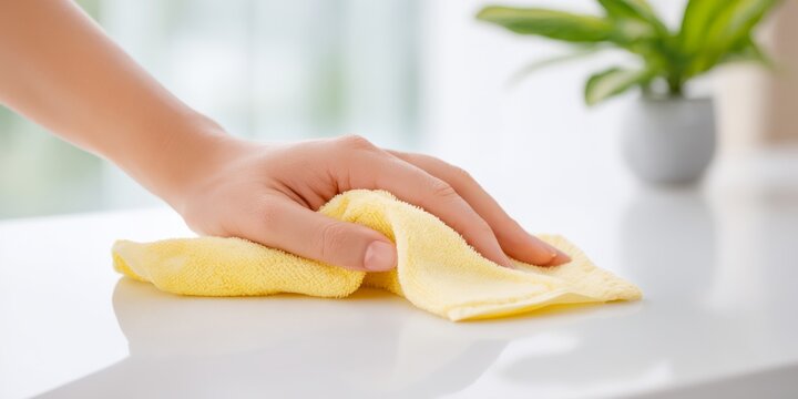 Hand wipes white surface with yellow cloth
