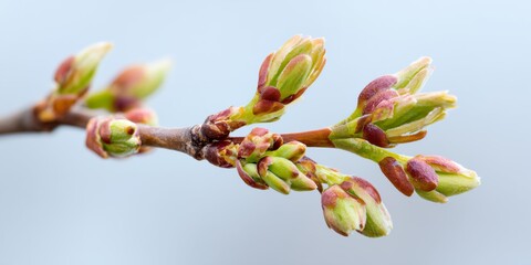 Branch with green leaves and red buds