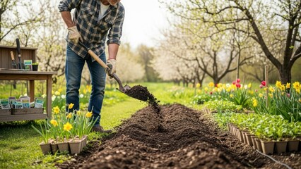 Gardener working outdoors in spring preparing soil for planting vegetables