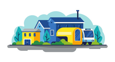 Naklejka premium Illustration of a campervan parked beside a house with a caravan attached, showcasing travel and lifestyle on a digital device screen