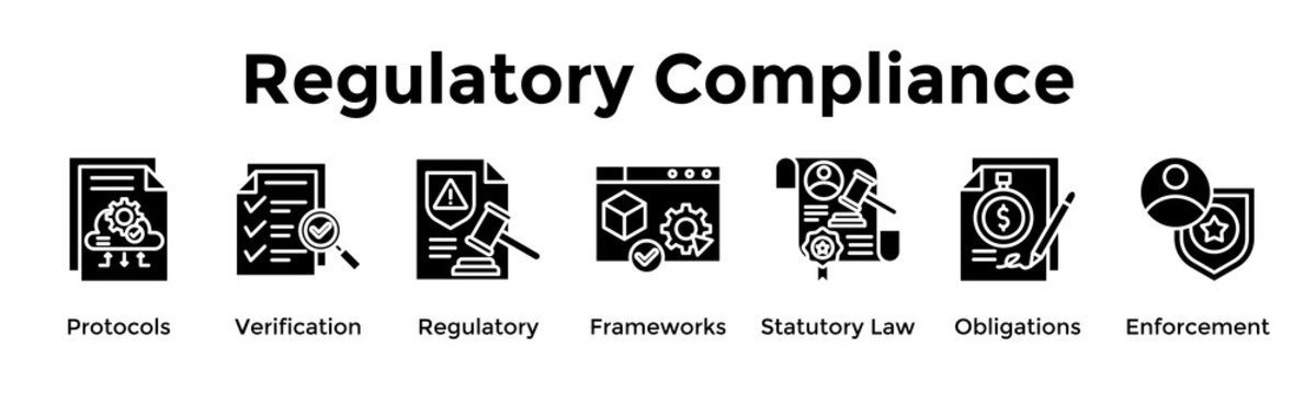 Regulatory Compliance Banner Web Icon Vector Illustration Concept For Protocols, Verification, Regulatory, Frameworks, Statutory Law, Obligations, Enforcement