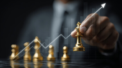 Naklejka premium Business strategy growth success golden chess king upward arrow leadership planning finance concept success investment motivation