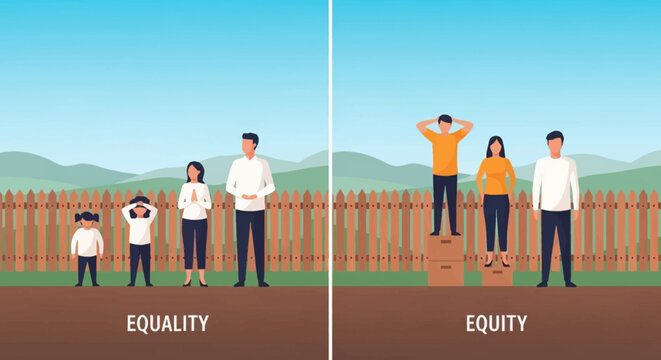 Illustration comparing equality and equity concepts through people standing behind a fence with different heights of boxes