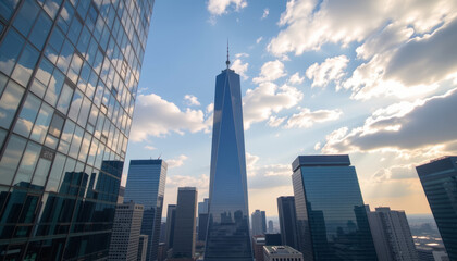Fototapeta premium Modern skyscraper skyline glass office tower financial district cityscape blue sky clouds downtown business center urban architecture view