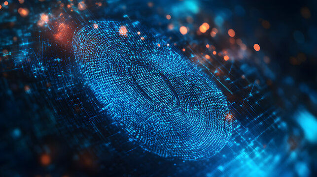 Biometric fingerprint scanning for secure data protection and cybersecurity with digital blue glow
