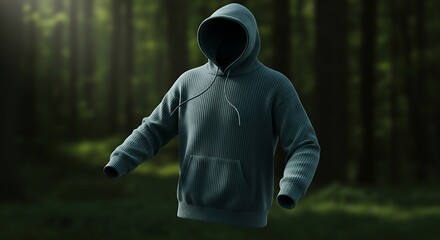 Mysterious hooded sweatshirt floating in a sunlit forest, artistic digital rendering.