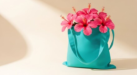 Vibrant pink hibiscus flowers bloom from a turquoise tote bag, sunny background.
