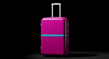 Vibrant Pink Suitcase with Blue Stripe and Extended Handle Against Black Background.