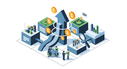 Obraz premium Isometric illustration of business finance concept with charts and graphs showing currency exchange and financial growth