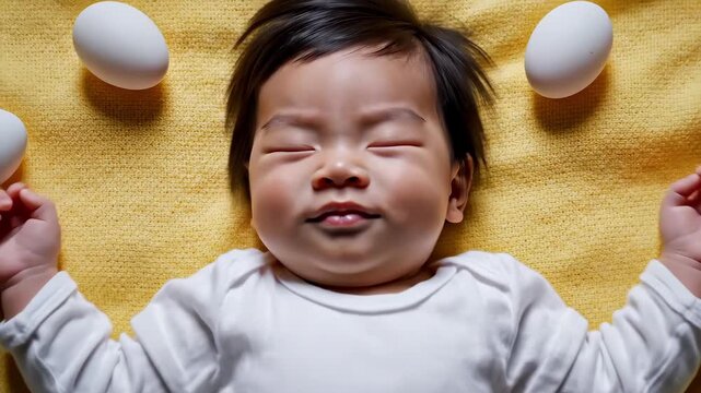 Asian baby lies among scattered eggs on yellow blanket, stylized overhead composition with playful contrast, soft expression, minimalist props and warm tones create creative newborn portrait, easter
