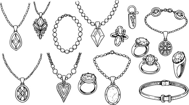 Hand-Drawn Jewelry Collection: Necklaces, Bracelets, Rings - Black and White Doodle Set