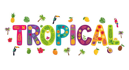 Obraz premium Vibrant Tropical Illustration Featuring Fruits and Palm Trees in a Colorful Scene