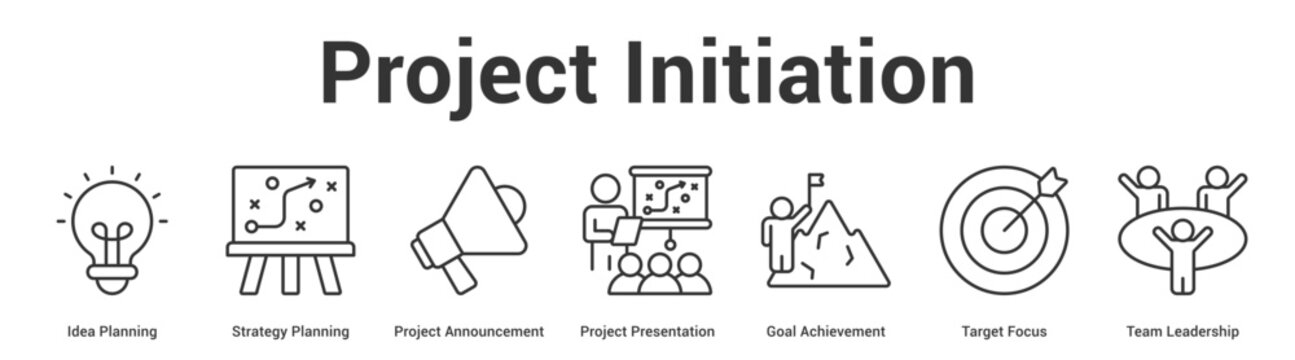 Project Initiation web banner icon set vector illustration concept for business with icon of Idea Planning, Strategy Planning, Project Announcement, Project Presentation, Goal Achievement, Target Foc.