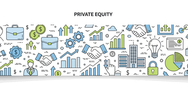 Financial Analysis and Planning Illustration Showing Private Equity Investment Strategies and Statistics from a Business Perspective