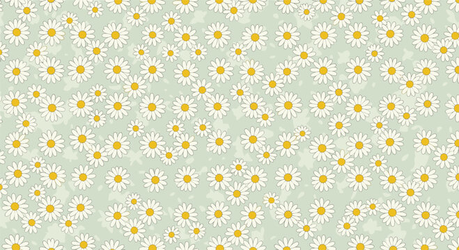 Delicate seamless floral pattern featuring many small white daisies with yellow centers scattered across a soft pale green background.