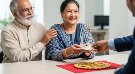 Fototapeta premium Happy Indian Senior Couple Making Financial Transaction with Advisor