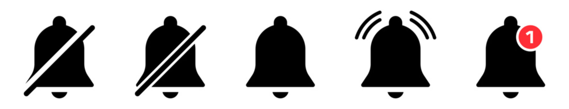 Notification bell icon set in outline and solid styles with mute and alert badge symbol vector collection