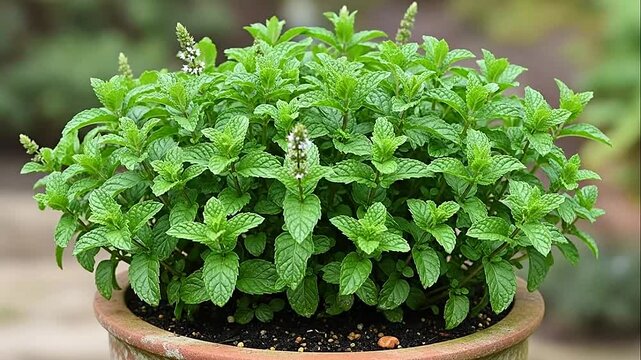 Lush Green Mint Plant Growing in a Terracotta Pot Outdoors
