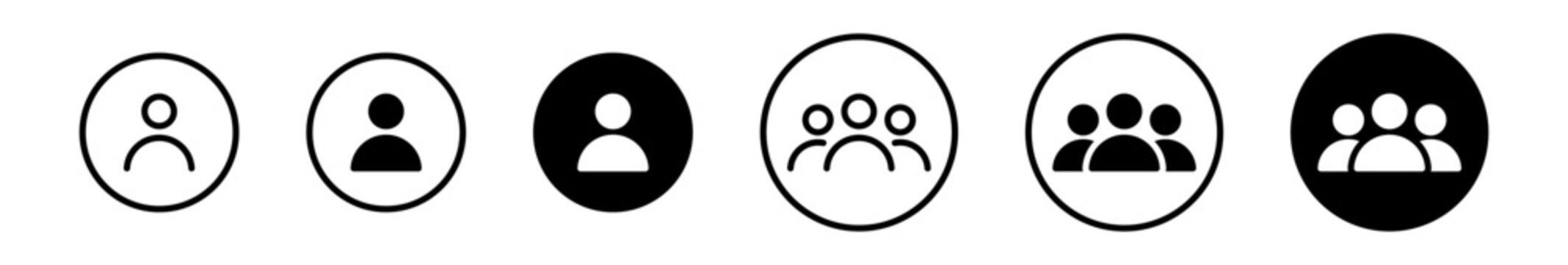 User and group profile icon set in outline and solid styles, account avatar and community vector symbols