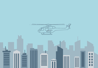 Fototapeta premium Helicopter flies above modern city skyline with silhouetted buildings under a clear sky for transport or travel concepts