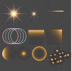 Abstract golden lens flare collection featuring glowing light effects with sparks and neon circles plus shining stars and comet trail isolated on transparent background for creative graphic projects © Rois