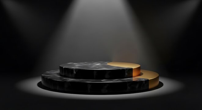 Black and gold circular platform with spotlight