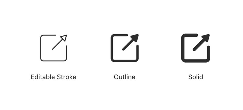 export, share icon arrow symbol, external link icon open in new window or tab symbol. links sharing icons in editable stroke, outline, and solid styles