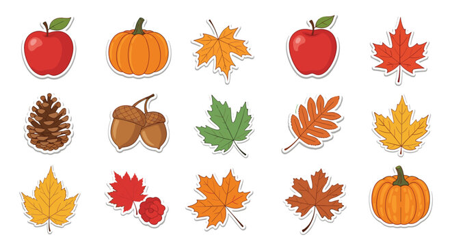 Autumn sticker set collection featuring apples pumpkins colorful leaves pinecones and acorns for seasonal decoration.