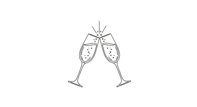 Two outline champagne flutes clink together in a celebratory toast with bubbles rising