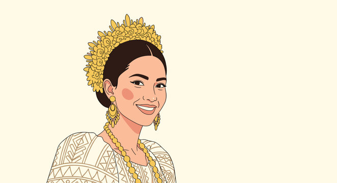 Panamanian woman wearing a traditional pollera dress with an elaborate gold crown and jewelry for cultural festival.