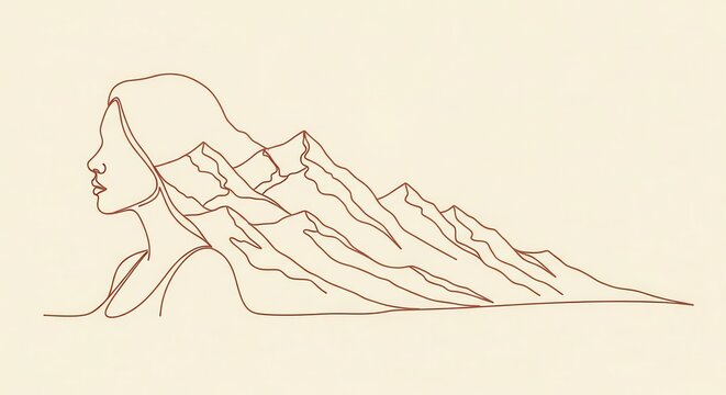 Continuous line drawing merges female profile with rugged mountain range silhouette