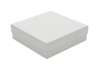 A white square box with a lid It sits on a white surface casting a subtle shadow