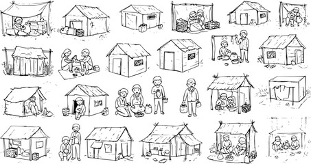 Naklejka premium Refugee Camp: Hand-Drawn Illustration of Temporary Housing, People, and Aid Supplies