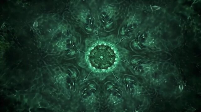 Kaleidoscope background with hypnotic motion, featuring a luminous green symmetrical fractal design seamlessly looping on a deep black backdrop. Intricate patterns inspired by forest trees and organic
