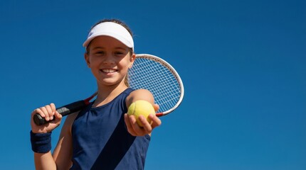 Young girl holding a tennis ball in her outstretched hand and carrying a racket on her shoulder, smiling confidently against a clear blue sky, passionate about sports and a healthy lifestyle