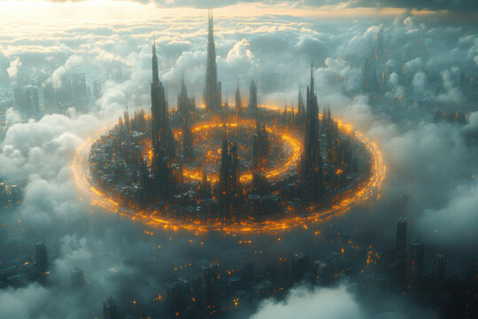 City of the future floating in the sky.