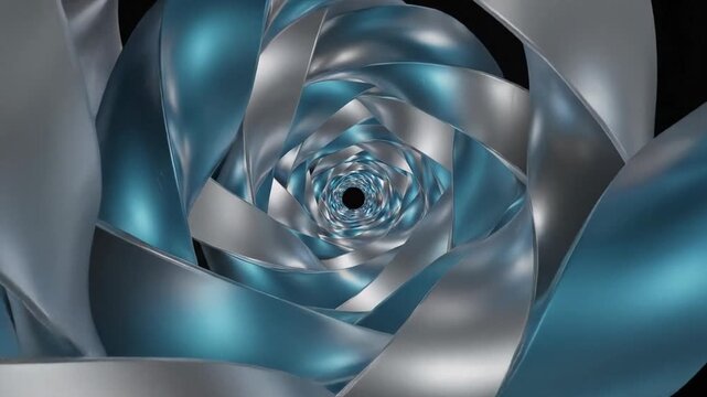 Abstract metallic spiral tunnel, glossy silver and teal ribbons forming a vortex, futuristic background for technology branding, cyber mood for New Year design