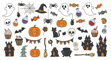 Large set of cute hand-drawn Halloween doodles including ghosts, pumpkins, spiders, candy, and spooky houses for festive decorations.